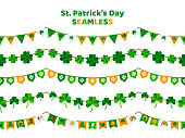 St. Patrick's Day bunting set isolated on white background. Pub party decorations, seamless borders. Eat, Drink and Be Irish