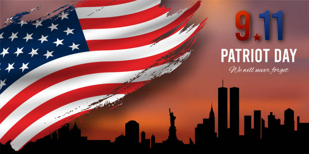 Patriot day background, New York City skyline and American grunge flag. Vector EPS 10 911 memorial stock illustrations