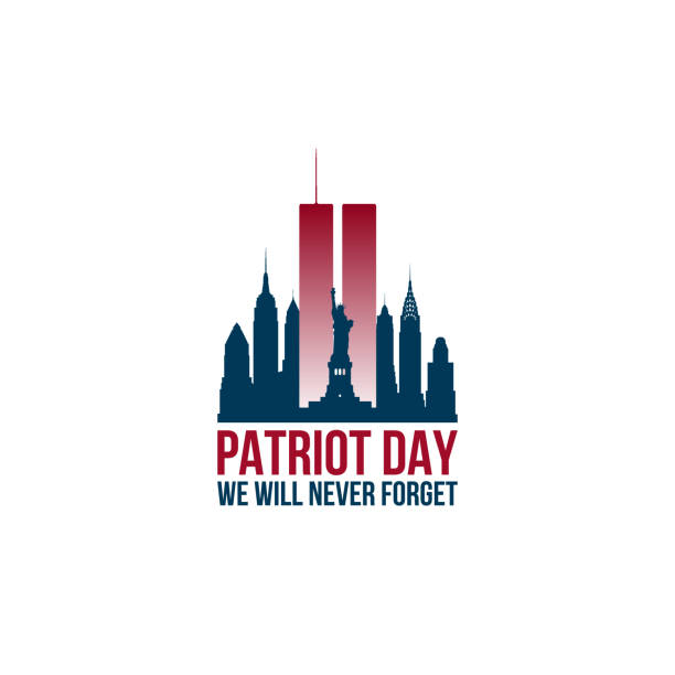 Patriot Day card with Twin Towers and phrase We will never forget. USA Patriot Day banner. September 11, 2001. World Trade Center. Vector design template. Patriot Day card with Twin Towers and phrase We will never forget. USA Patriot Day banner. September 11, 2001. World Trade Center. Vector design template. 911 new york stock illustrations