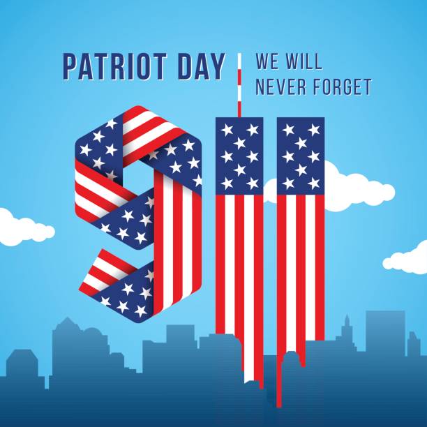 USA 9.11 Patriot Day greeting card. Digits made of American flag ribbons. Vector illustration. USA 9.11 Patriot Day greeting card. Digits made of ribbons with American flag's stars and stripes. Vector remembrance illustration. 911 memorial stock illustrations