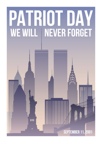 Patriot Day poster with New York skyline,Twin Towers and phrase We will never forget. USA Patriot Day banner. September 11, 2001. World Trade Center. Vector design template. Patriot Day poster with New York skyline,Twin Towers and phrase We will never forget. USA Patriot Day banner. September 11, 2001. World Trade Center. Vector design template. 911 new york stock illustrations