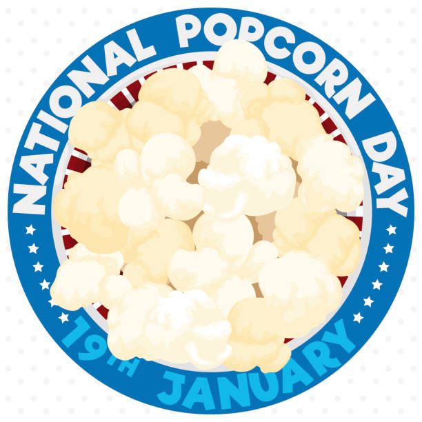 Patriotic Button with Popcorn Basket to Promote its National Day Top view with popcorn basket over patriotic button and dotted background ready to be eaten during National Popcorn Day in January 19. national popcorn day stock illustrations