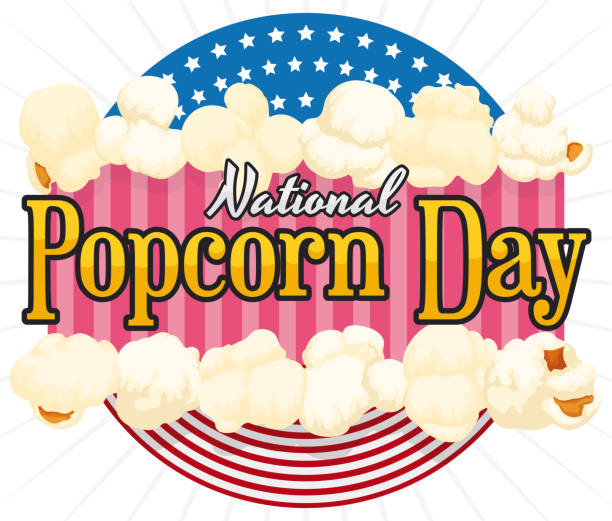 Patriotic Button with Popcorn Promoting American National Popcorn Day Round button with stars, stripes and delicious popped corn, promoting to celebrate National Popcorn Day in U.S.A. national popcorn day stock illustrations