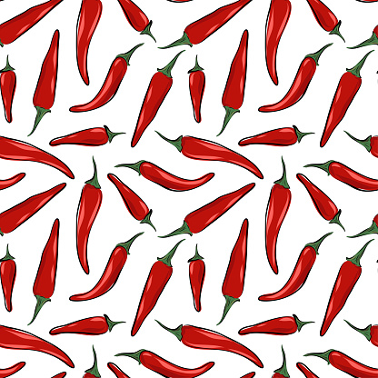 Pattern chili drawn in paper art style on white background. Vector design. Seamless Cartoon Color illustration. Line art.