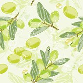 seamless pattern vintage image of olive branches with olive oil drops . vector illustration