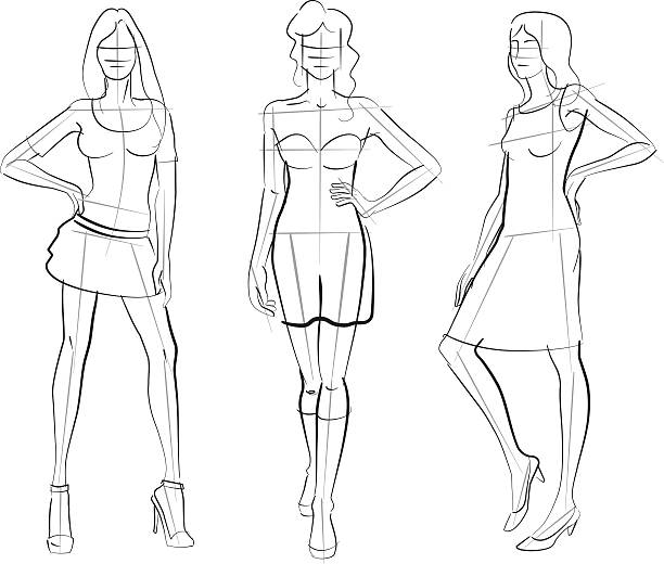 Pattern Fashion Models Elegant fashion girls in hand-drawing and sketchy style. fashion dress sketches stock illustrations