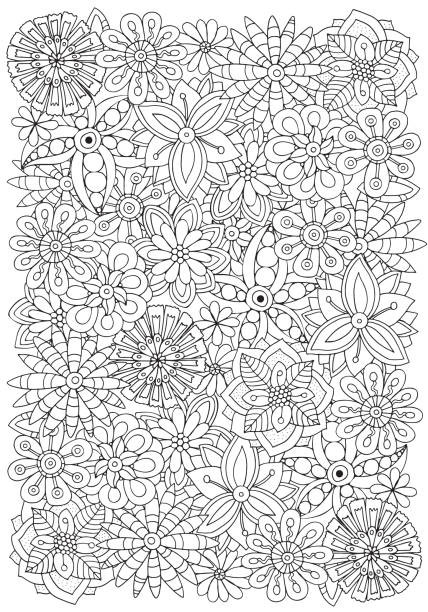 Pattern for adult coloring book. Flowers. A4 size. Ethnic, floral, retro, doodle, vector, tribal design element. Black and white background. Pattern for adult coloring book. Flowers. A4 size. flower coloring pages stock illustrations