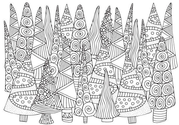 Pattern for coloring book of Christmas trees, hand-drawn decorative elements in vector. A4. Fancy Christmas trees. Black and white pattern. Pattern for coloring book of Christmas trees A4 size christmas coloring stock illustrations