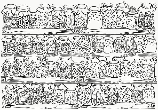 Pattern for coloring book. Set of glass jars. Canning. Pattern for coloring book. Set of glass jars. Canning.  Hand-drawn decorative elements in vector. Black and white pattern.  Made by trace from sketch. adult coloring stock illustrations