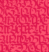 Pattern from the Russian Gothic font. Vector. Neo-Russian modern Gothic. Red letters on a pink background. Medieval European style. Capital letters. Ornament for packaging and clothing.