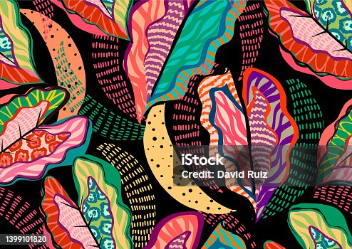 istock Pattern of a tropical artwork, with multicolored hand drawn elements with dark background. 1399101820