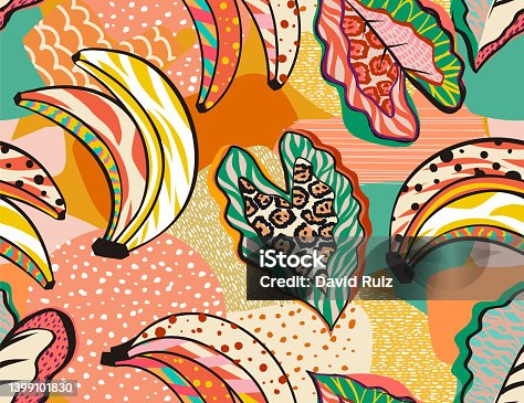 istock Pattern of a tropical artwork, with multicolored hand drawn elements . 1399101830