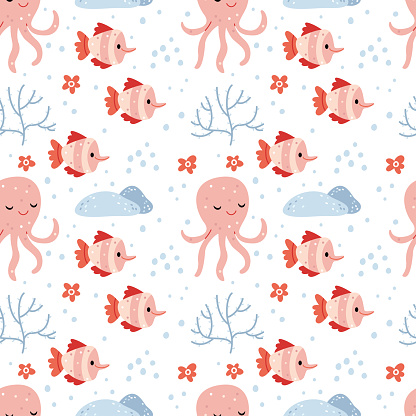 Pattern of octopus and fish.Summer pattern about the underwater world in pink colors. Illustration for children's book.