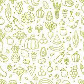 Farm fresh fruits and vegetables seamless pattern. Outline style vector illustration.