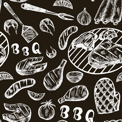 Pattern with barbecue food on craft paper.
