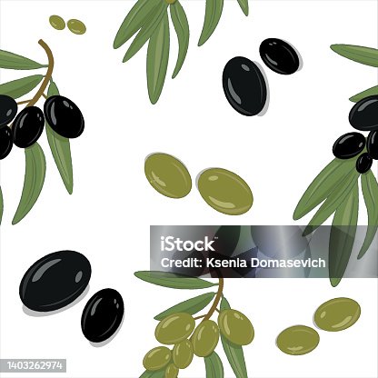 istock pattern with black and green olive branches 1403262974