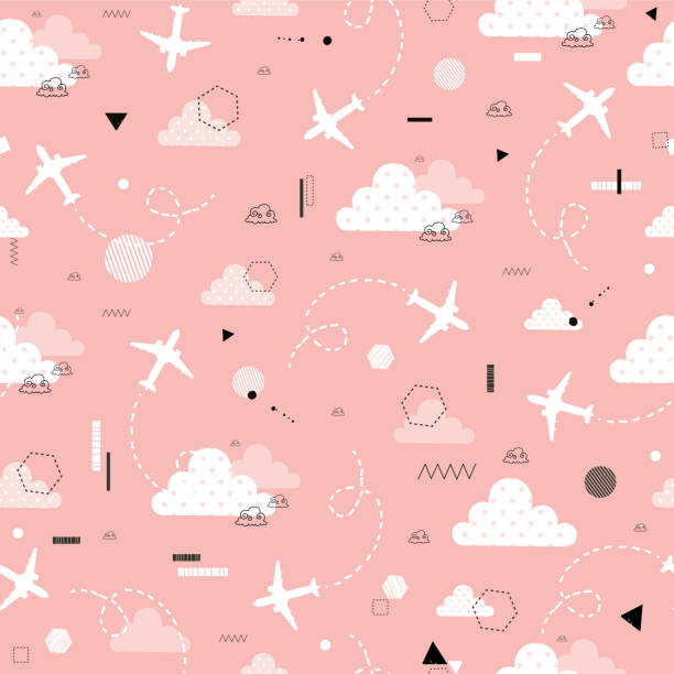 Pattern with  clouds and planes Seamless pattern with cute clouds and planes.  All elements are  hidden under mask. Pattern are not cropped and can be edited. Cute vector illustration. Weather, sky, clouds. airplane designs stock illustrations