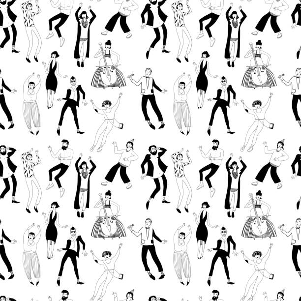 pattern with dancing young men and women at a party, white background seamless pattern with dancing young men and women at a party, white background dancing drawings stock illustrations