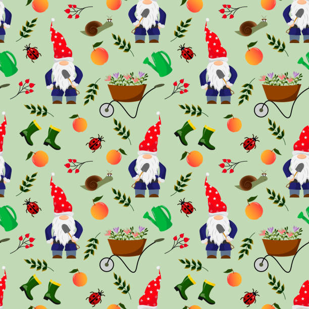 Pattern with garden gnomes. Trolley with flowers, fruits and insects in the garden. Pattern with garden gnomes. Trolley with flowers, fruits and insects in the garden. Vector illustration. For use in prints, covers and flyers, baby products, packaging. gardening patterns stock illustrations