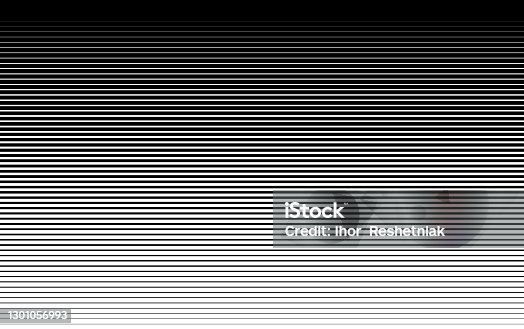 istock Pattern with gradient horizontal halftone line. Abstract background with parallel lines from thick to thin. Black texture of straight stripes. Digital velocity lines on screen. Vector 1301056993