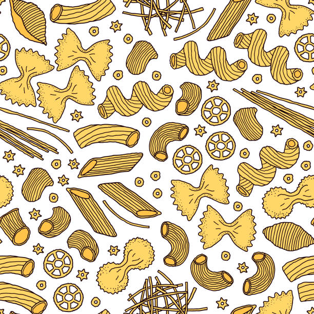 pattern with pasta Seamless pattern with pasta on white background. Spaghetti in doodle style.Food texture pasta patterns stock illustrations