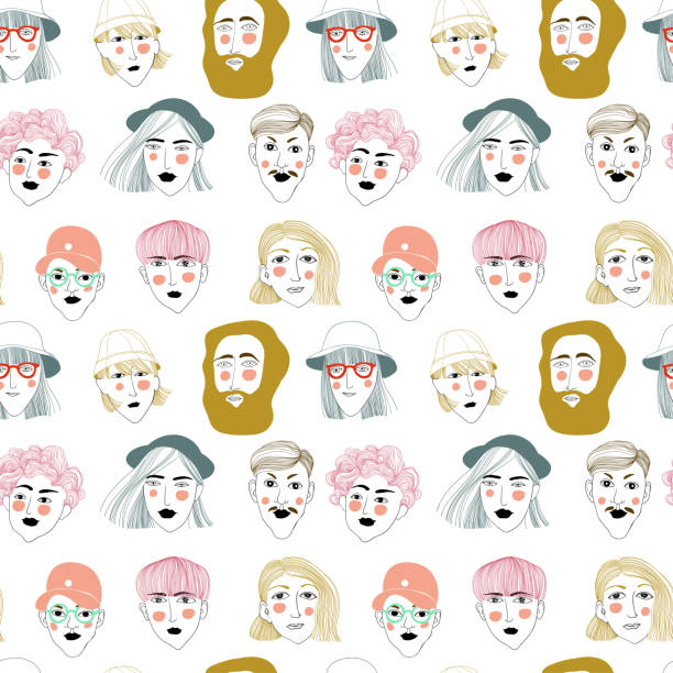 pattern with portraits of people, seamless vector pattern pattern with portraits of people, seamless vector pattern on white background avatar drawings stock illustrations