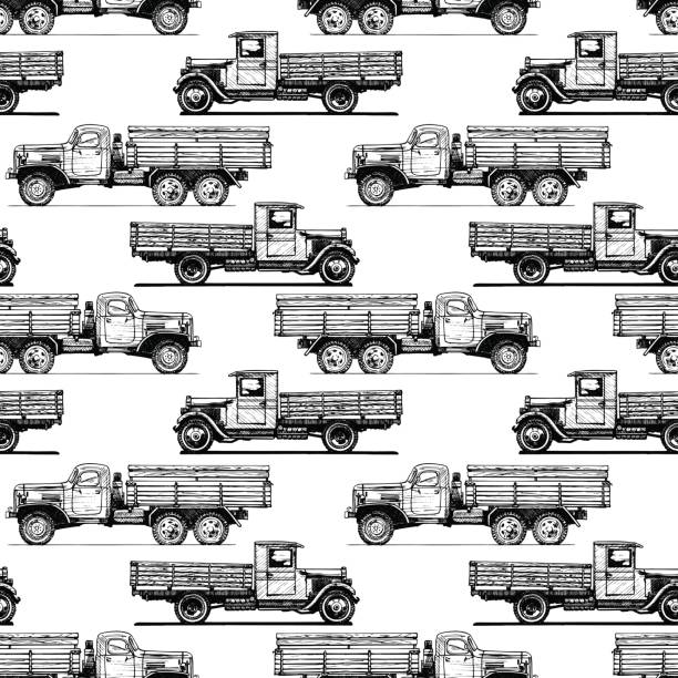 pattern with retro lorry Seamless pattern with vintage truck. Vector  illustration in old fashioned hand drawn style on white background. truck designs stock illustrations