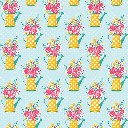 Pattern with watering can and flowers on polka dot background