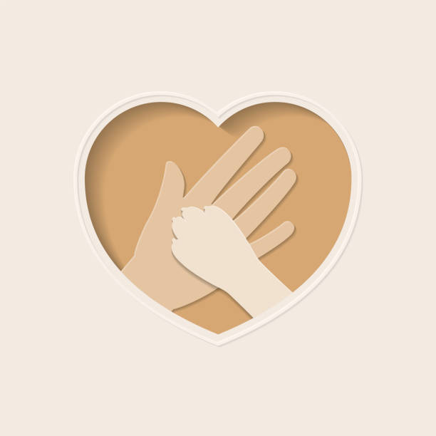 Paw of dog and hand in heart shaped paper art Big hand of human holding paw of dog, in brown heart shaped frame paper art greeting card women borders stock illustrations