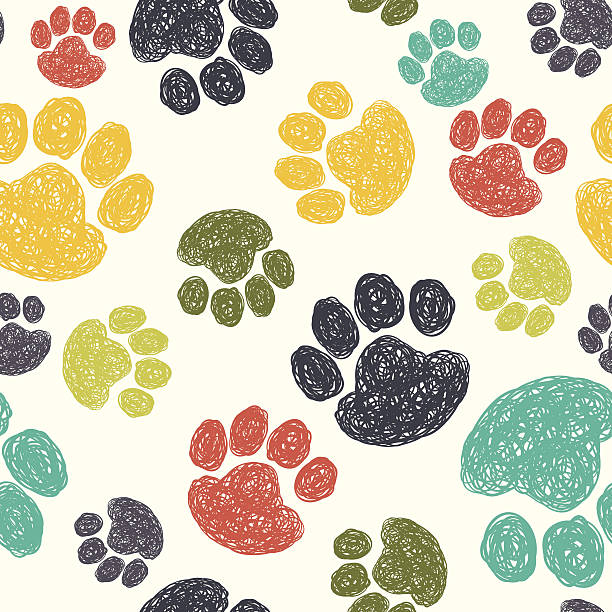 Paw print pattern Cute seamless pattern with colorful hand drawn doodle paw prints. Animal background. dog designs stock illustrations