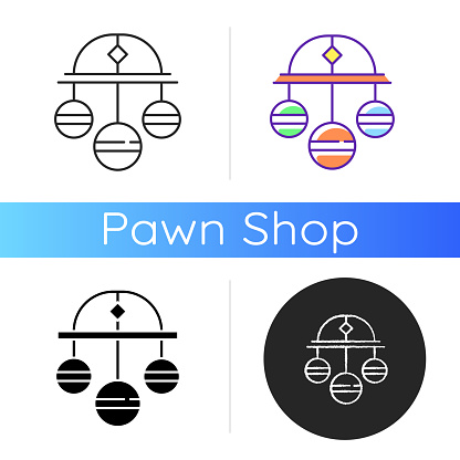 Pawn symbol icon. Three spheres suspended from bar. Monetary success symbol. Pawnbrokers symbolic meaning. Lombard banking. Linear black and RGB color styles. Isolated vector illustrations