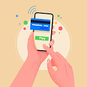 Use phone when shopping. Pay by credit card via electronic wallet wirelessly on phone. New mobile banking app and e-payment vector illustration. Hand with smartphone  online banking. Shopping by phone and connected card.