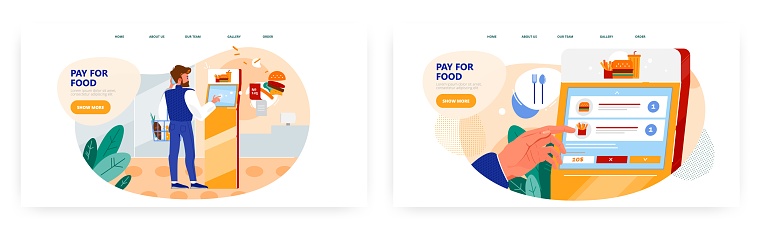 Pay for food, landing page design, website banner vector template set. Self service technologies.