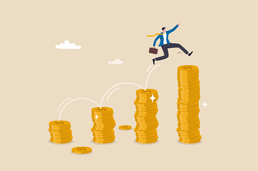 Pay raise salary increase, wages or income growth, investment profit and earning rising up, career development or wealth management concept, happy businessman jumping on rising money coin stack.