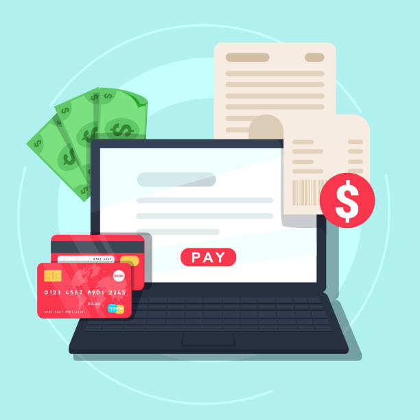 Paying bill online. Online Money Transaction Concept. Payment on internet concept. Paying bill online. Online Money Transaction Concept. Payment on internet concept. Flat design style vector illustration. Credit card, notebook with bill and money. debt stock illustrations