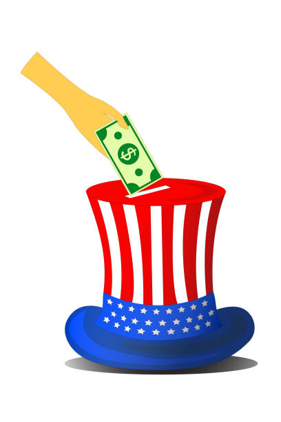 Paying Taxes USA Hand putting money into a cylinder hat in colors of the American flag. Concept of US taxes, economy, finances, federal reserves, IRS. irs stock illustrations