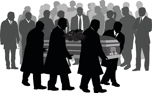 A vector silhouette illustration of pall bearers carrying the coffin of a deceased loved one past spectators. vector