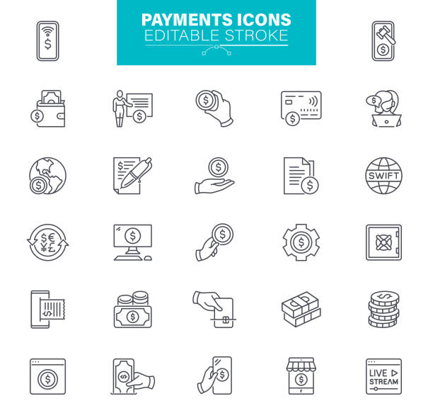 Payments Icons Editable Stroke. The set contains icons as Credit Card, Mobile Payment, Buying Banking, Financial Bill, Paying, Credit Card, Currency, Outline, Editable Icon Set paying bills stock illustrations