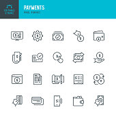 Payments - thin line vector icon set. 20 linear icon. Pixel perfect. Editable outline stroke. The set contains icons: Paying, Contactless Payment, Credit Card Purchase, Mobile Payment, Buying, Receiving Payment, Currency Exchange, Digital Wallet.