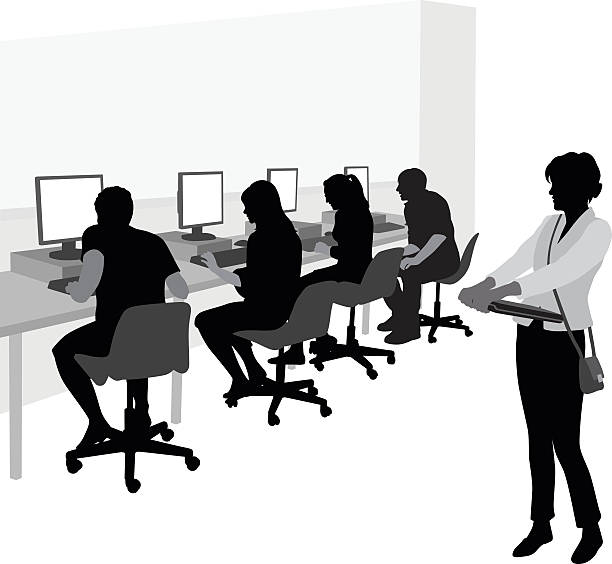 Pc Versus Laptop A vector silhouette illustration of a busy computer room with four desktop PCs occupied with students.  A young woman stands to the side holding a laptop at her waist. computer silhouettes stock illustrations