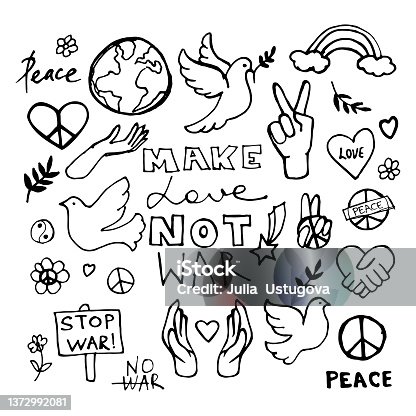 istock Peace doodle set. Vector hippie illustration. Make love not war. 1372992081