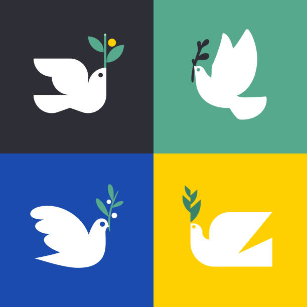 和平鴿扁平風格的向量圖示或白色鴿子與橄欖枝標誌範本。一套優雅的鳥 - peace logo 幅插畫檔、美工圖案、卡通及圖標