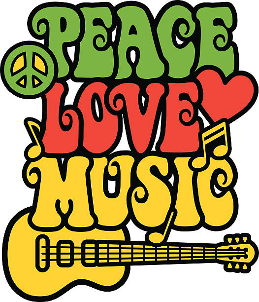 Peace, love and music written in 60's style font with guitar Retro-styled text design of the words, Peace  Love Music, with a peace symbol, guitar, heart and musical notes in green, red and yellow. Type style is my own design. symbols of peace stock illustrations