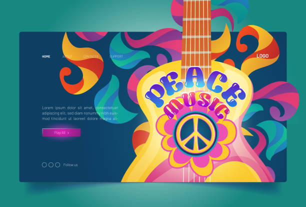 Peace music banner with hippie sign and guitar Peace music banner with hippie sign and guitar. Retro music of 60s and 70s in Woodstock festival style. Vector landing page with cartoon psychedelic pattern with flower and guitar guitar backgrounds stock illustrations