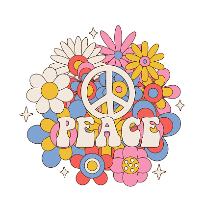 Peace sign and word on colorful flowers round daisy bouquet isolated on white background. Linear color vector illustration