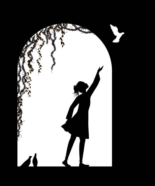 peace symbol, girl and pigeons in window arch, freedom for birds, childhood memories, black and white, shadows peace symbol, girl and pigeons in window arch, freedom for birds, childhood memories, black and white, shadows window silhouettes stock illustrations