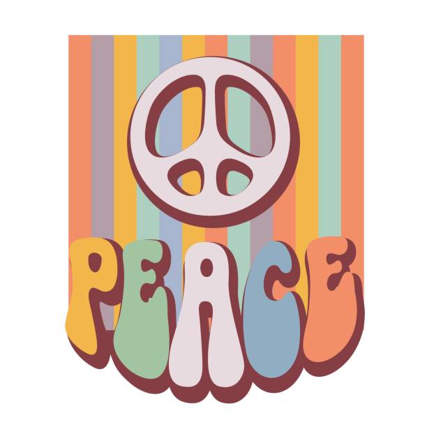 Peace  with rainbow background sixties retro design vector art illustration