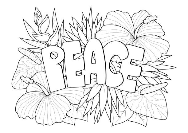 Peace word with floral pattern antistress coloring page for adult in doodle sketch style, isolated vector illustration Peace word with floral pattern antistress coloring page for adult in doodle sketch style, isolated vector illustration quote coloring pages stock illustrations