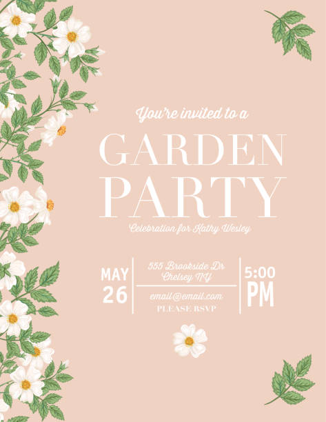 Peach Color Wild Roses Garden Party Invitation Wild Roses Party Invitation in flat colors with lots of room for text. Perfect for wedding or birthday party invitations. Three layers for easy editing. Roses can be released form the clipping mask. Text is on its own layer. birthday clipart stock illustrations