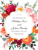 Peachy and coral rose, carnation, burgundy red peony, orange ranunculus, carnation, autumn leaves and mix of seasonal plants vector wedding invitation frame. All elements are isolated and editable